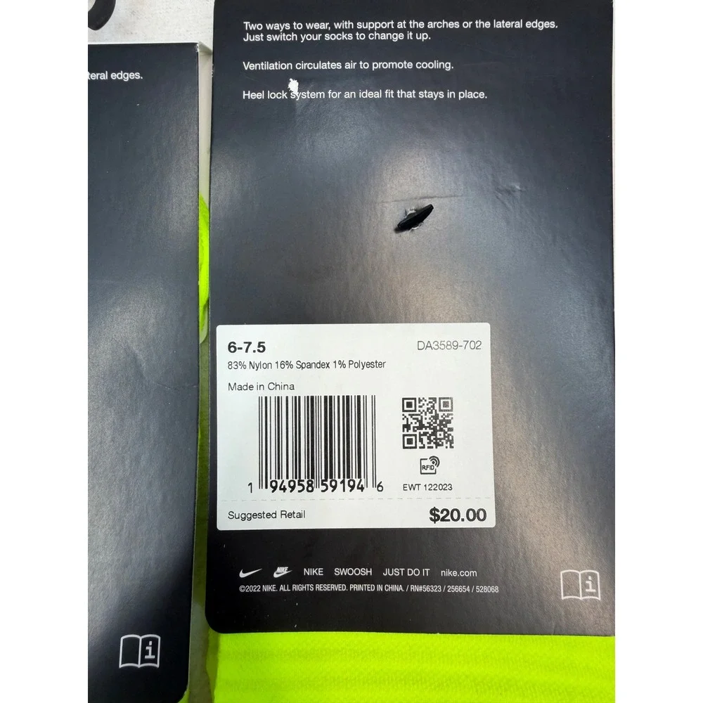 2 pair Nike Spark No-Show Running Socks Volt Yellow Mens 6-7.5 Womens 7.5-9 NWT